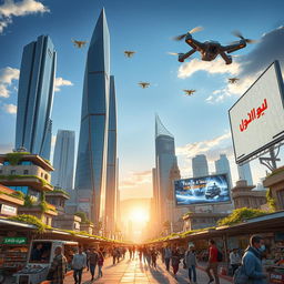 A futuristic scene depicting the city of Idlib in the year 2050, showcasing advanced architecture blending with remnants of traditional Syrian structures