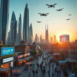 A futuristic scene depicting the city of Idlib in the year 2050, showcasing advanced architecture blending with remnants of traditional Syrian structures