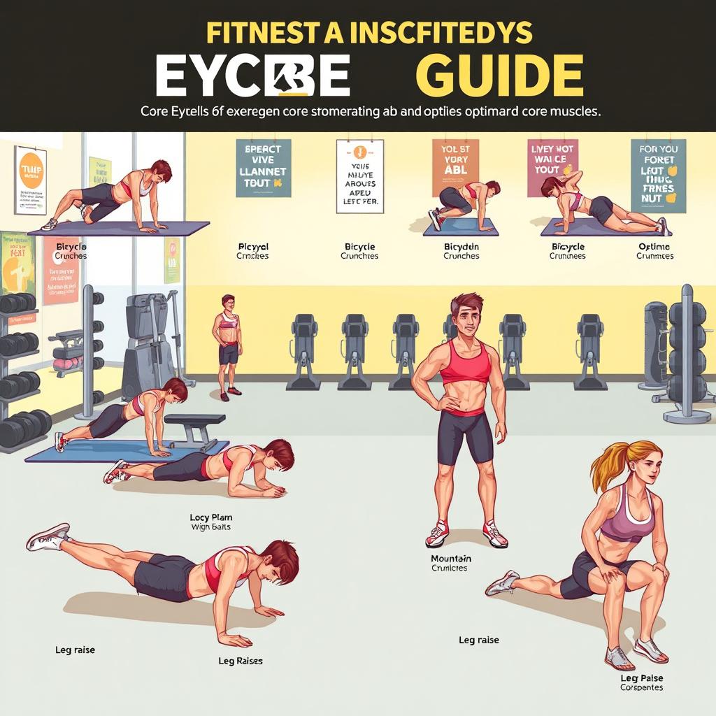 A detailed illustration of a fitness guide showing different exercises to strengthen abs and optimize core muscles