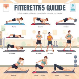 A detailed illustration of a fitness guide showing different exercises to strengthen abs and optimize core muscles