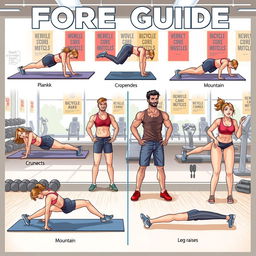 A detailed illustration of a fitness guide showing different exercises to strengthen abs and optimize core muscles