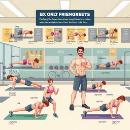 A detailed illustration of a fitness guide showing different exercises to strengthen abs and optimize core muscles