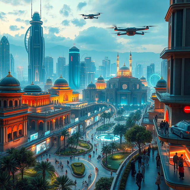 A futuristic view of Damascus in the year 2050, showcasing a vibrant blend of traditional architecture and modern technology