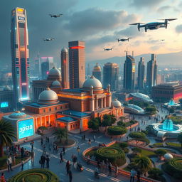 A futuristic view of Damascus in the year 2050, showcasing a vibrant blend of traditional architecture and modern technology