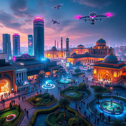 A futuristic view of Damascus in the year 2050, showcasing a vibrant blend of traditional architecture and modern technology