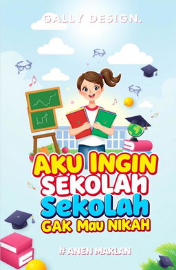 A vibrant and motivational book cover titled 'Aku Ingin Sekolah, Gak Mau Nikah'