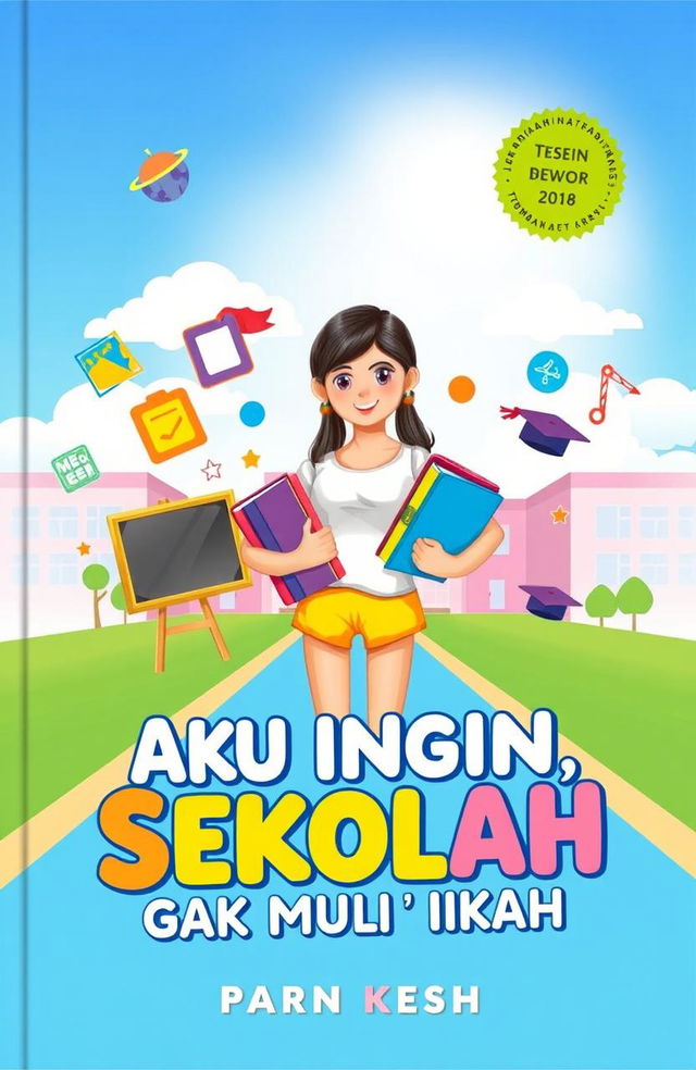 A vibrant and motivational book cover titled 'Aku Ingin Sekolah, Gak Mau Nikah'