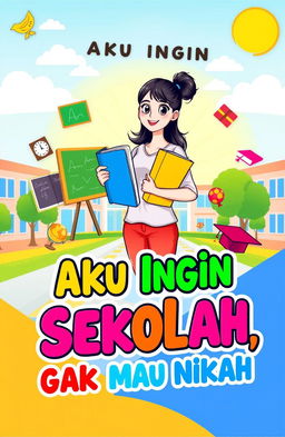 A vibrant and motivational book cover titled 'Aku Ingin Sekolah, Gak Mau Nikah'
