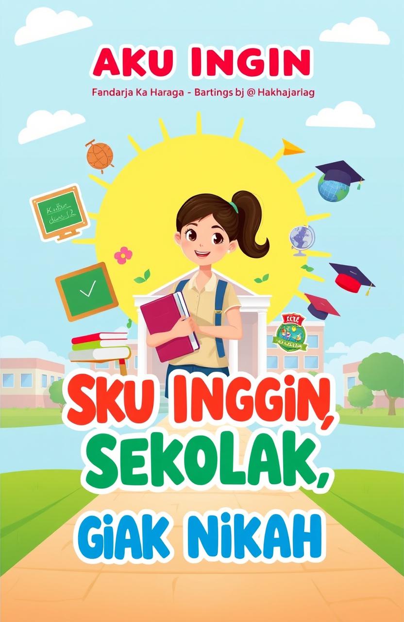 A vibrant and motivational book cover titled 'Aku Ingin Sekolah, Gak Mau Nikah'