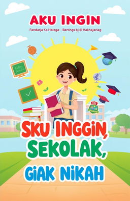 A vibrant and motivational book cover titled 'Aku Ingin Sekolah, Gak Mau Nikah'