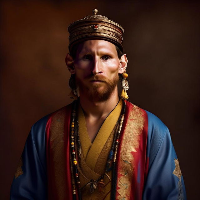 Generate an image of Lionel Messi imagined as being born and raised in Central Asia, with traditional attire, features and background reflecting regional aesthetics