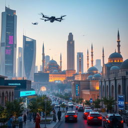 A futuristic view of Damascus in the year 2050, showcasing a blend of traditional Middle Eastern architecture and advanced technology