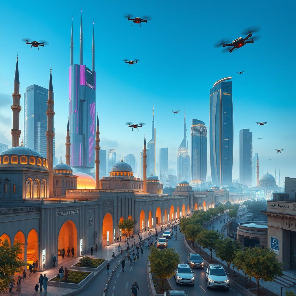 A futuristic view of Damascus in the year 2050, showcasing a blend of traditional Middle Eastern architecture and advanced technology