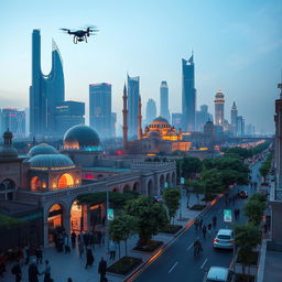A futuristic view of Damascus in the year 2050, showcasing a blend of traditional Middle Eastern architecture and advanced technology