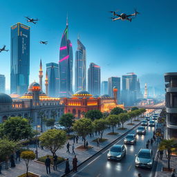 A futuristic view of Damascus in the year 2050, showcasing a blend of traditional Middle Eastern architecture and advanced technology
