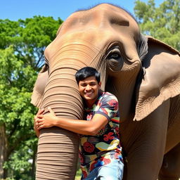 A young man named Ahmed joyfully hugging the trunk of a large elephant, showcasing a heartfelt moment of friendship and connection between them