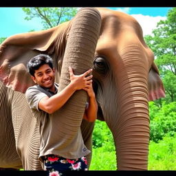 A young man named Ahmed joyfully hugging the trunk of a large elephant, showcasing a heartfelt moment of friendship and connection between them