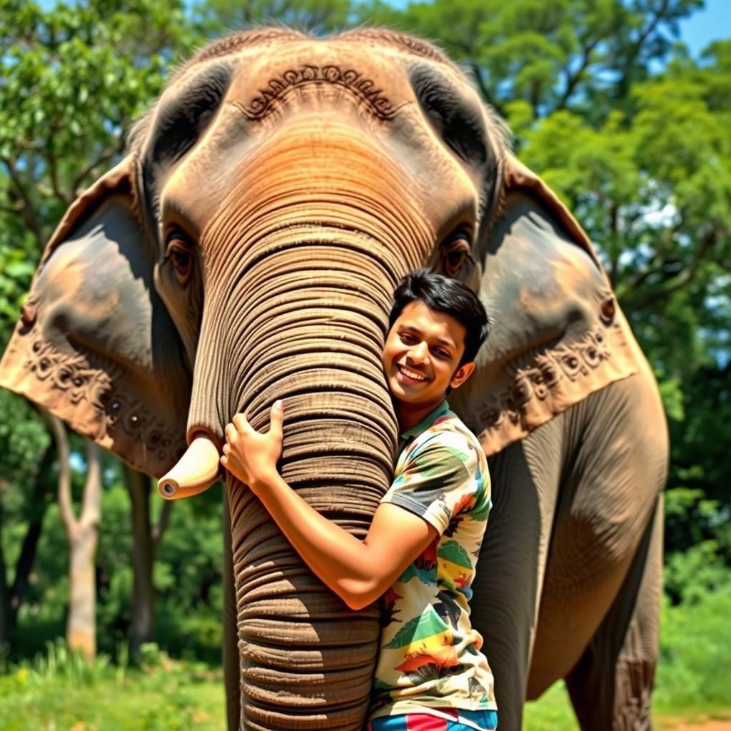 A young man named Ahmed joyfully hugging the trunk of a large elephant, showcasing a heartfelt moment of friendship and connection between them