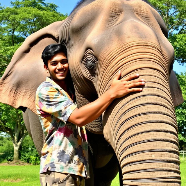 A young man named Ahmed joyfully hugging the trunk of a large elephant, showcasing a heartfelt moment of friendship and connection between them