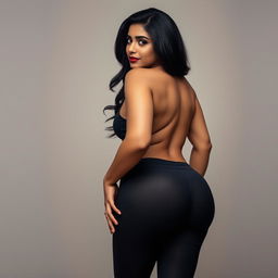An enticing image capturing the back view of an alluring Indian bhabhi with a curvy, hourglass figure and a wide ass prominently showcased in stylish leggings