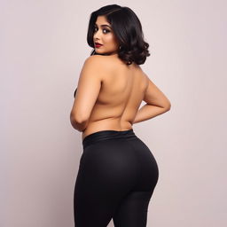 An enticing image capturing the back view of an alluring Indian bhabhi with a curvy, hourglass figure and a wide ass prominently showcased in stylish leggings