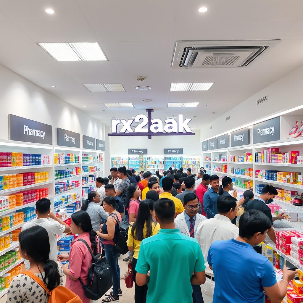 A busy pharmacy interior named 'Rx2alk Pharmacy', filled with many customers engaged in various activities like consulting with pharmacists, browsing shelves stocked with colorful medicines, and buying health products