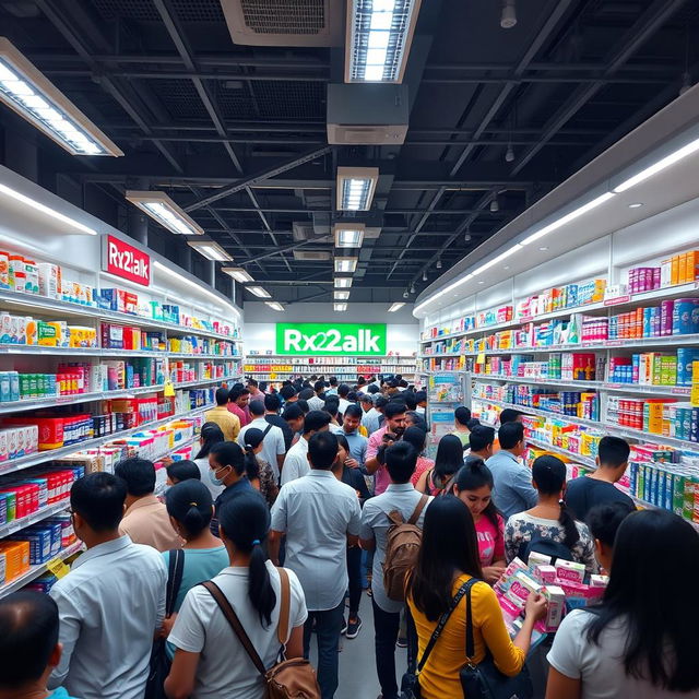 A busy pharmacy interior named 'Rx2alk Pharmacy', filled with many customers engaged in various activities like consulting with pharmacists, browsing shelves stocked with colorful medicines, and buying health products