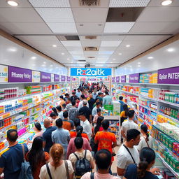 A busy pharmacy interior named 'Rx2alk Pharmacy', filled with many customers engaged in various activities like consulting with pharmacists, browsing shelves stocked with colorful medicines, and buying health products