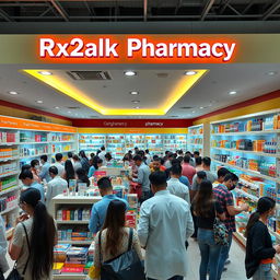 A busy pharmacy interior named 'Rx2alk Pharmacy', filled with many customers engaged in various activities like consulting with pharmacists, browsing shelves stocked with colorful medicines, and buying health products