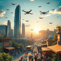 A vivid, imaginative depiction of Syria in the year 2050, showcasing a blend of advanced technology with remnants of historical architecture