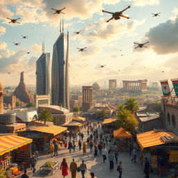 A vivid, imaginative depiction of Syria in the year 2050, showcasing a blend of advanced technology with remnants of historical architecture
