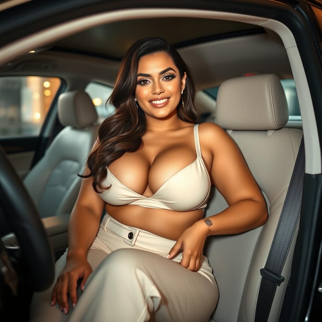 An adult woman sitting in the passenger seat of a stylish car, showcasing her voluptuous figure in a fashionable outfit that highlights her curves