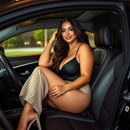 An adult woman sitting in the passenger seat of a stylish car, showcasing her voluptuous figure in a fashionable outfit that highlights her curves