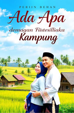 Cover design for the book "Ada Apa dengan Kampung Istriku" featuring a serene village landscape with rice fields, traditional Indonesian wooden houses with thatched roofs, and lush green palm trees under a bright blue sky