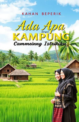 Cover design for the book "Ada Apa dengan Kampung Istriku" featuring a serene village landscape with rice fields, traditional Indonesian wooden houses with thatched roofs, and lush green palm trees under a bright blue sky