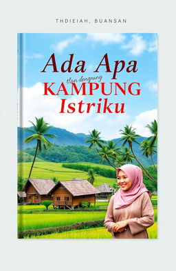 Cover design for the book "Ada Apa dengan Kampung Istriku" featuring a serene village landscape with rice fields, traditional Indonesian wooden houses with thatched roofs, and lush green palm trees under a bright blue sky