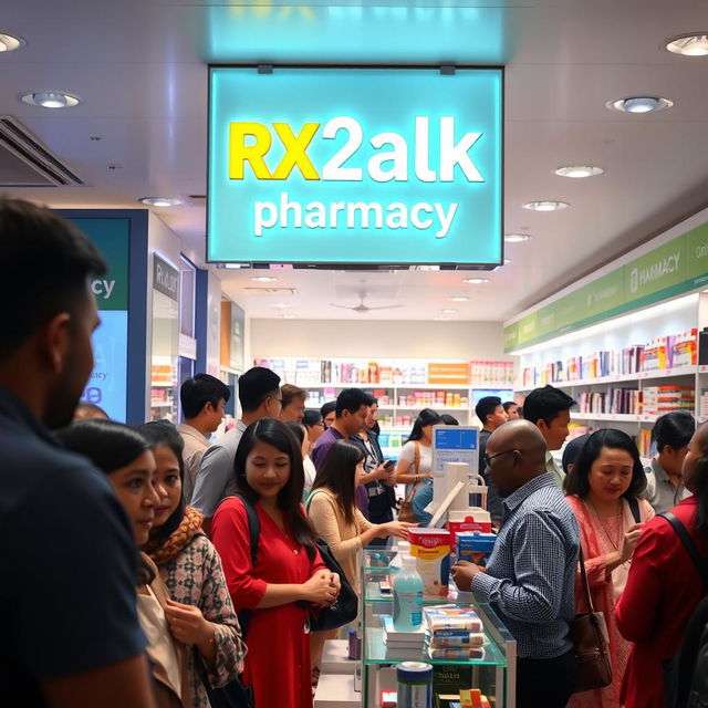 A bustling pharmacy scene with numerous customers engaging with staff and browsing through products