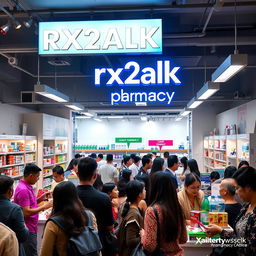 A bustling pharmacy scene with numerous customers engaging with staff and browsing through products