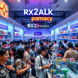 A bustling pharmacy scene with numerous customers engaging with staff and browsing through products