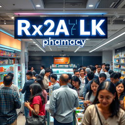 A bustling pharmacy scene with numerous customers engaging with staff and browsing through products