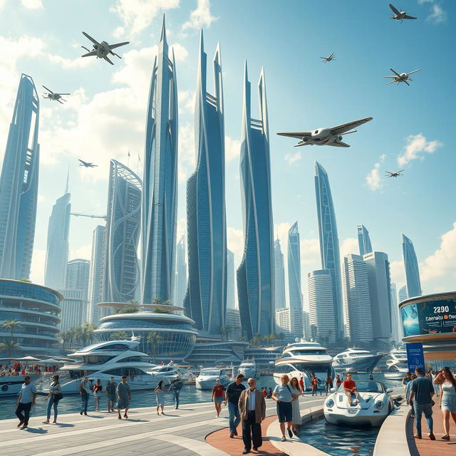 A futuristic depiction of Latakia in the year 2050, showcasing advanced architecture and technology