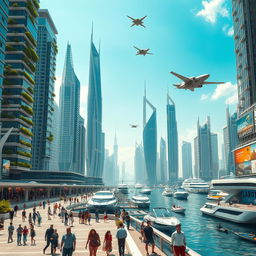 A futuristic depiction of Latakia in the year 2050, showcasing advanced architecture and technology