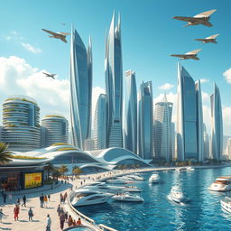 A futuristic depiction of Latakia in the year 2050, showcasing advanced architecture and technology