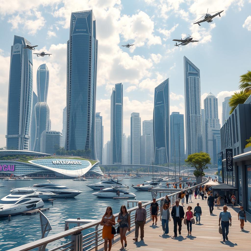 A futuristic depiction of Latakia in the year 2050, showcasing advanced architecture and technology