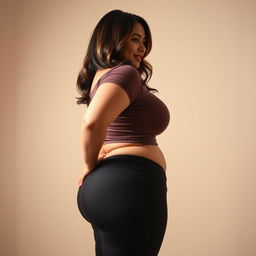 An enticing side view of a young, busty lady with a curvy hourglass figure, showcasing her wide ass accentuated by tight leggings