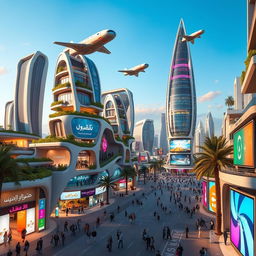 A futuristic cityscape of Homs in 2050, showcasing advanced architecture with sleek, modern buildings adorned with greenery, flying vehicles in the sky, illuminated smart technology integrated within the structures