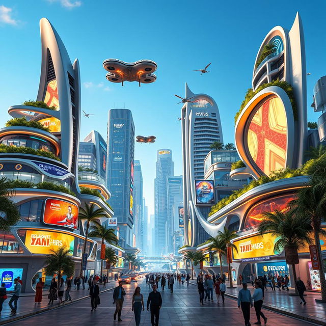 A futuristic cityscape of Homs in 2050, showcasing advanced architecture with sleek, modern buildings adorned with greenery, flying vehicles in the sky, illuminated smart technology integrated within the structures