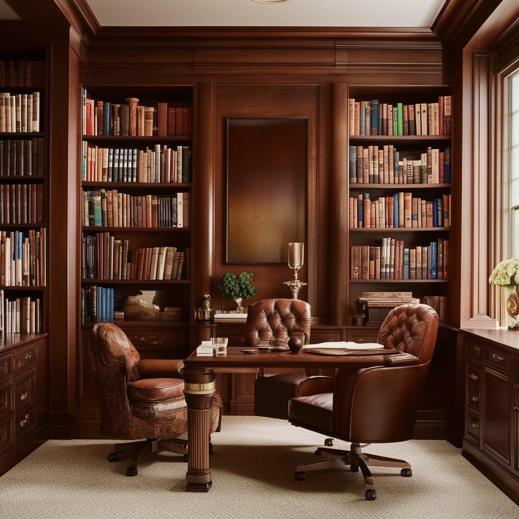 An elegant office with mahogany desk, leather chairs, book shelves filled with books, ample natural light, & classy artwork on the walls.