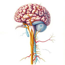 An intricate and detailed illustration of the human nervous system, showcasing the central nervous system and peripheral nervous system
