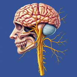 An intricate and detailed illustration of the human nervous system, showcasing the central nervous system and peripheral nervous system